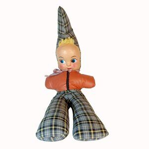 Vintage 1940s Carnival Prize Plush Body Doll Plastic Face Plaid Cone Hat Pants 2